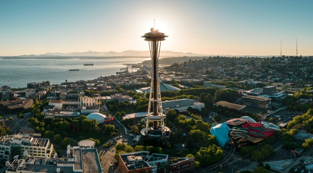 Aerial view of the Seattle Space Needle at sunset